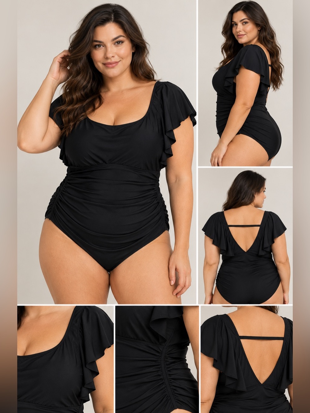 NEW Daci One Piece Swimsuit 20W Black Ruffle V Neck Tummy Control Plus Size